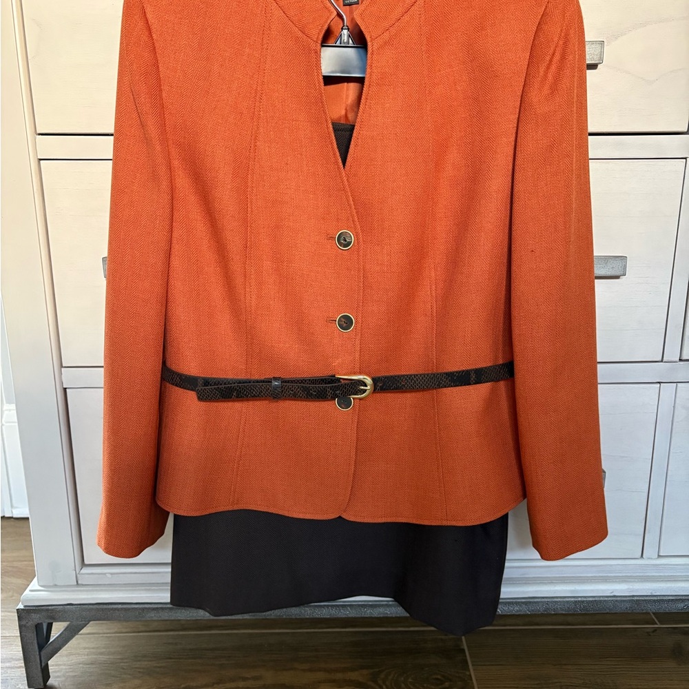 Chic Tahari Suit with Burnt Orange Blazer and Chocolate Brown Skirt with Belt